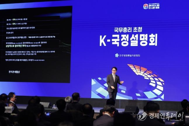 김민석 국무총리가 15일 광진구 비스타 워커힐 서울에서 열린 민주평통 초청 K-국정설명회에서 특별 강연을 하고 있다.